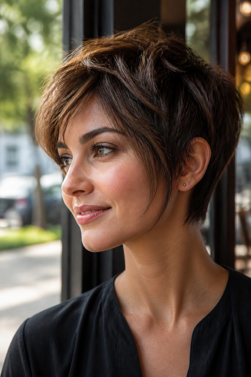 Portrait of a real person with Tousled Pixie With Long Temple Pieces showing cheek-grazing temple pieces and a textured top