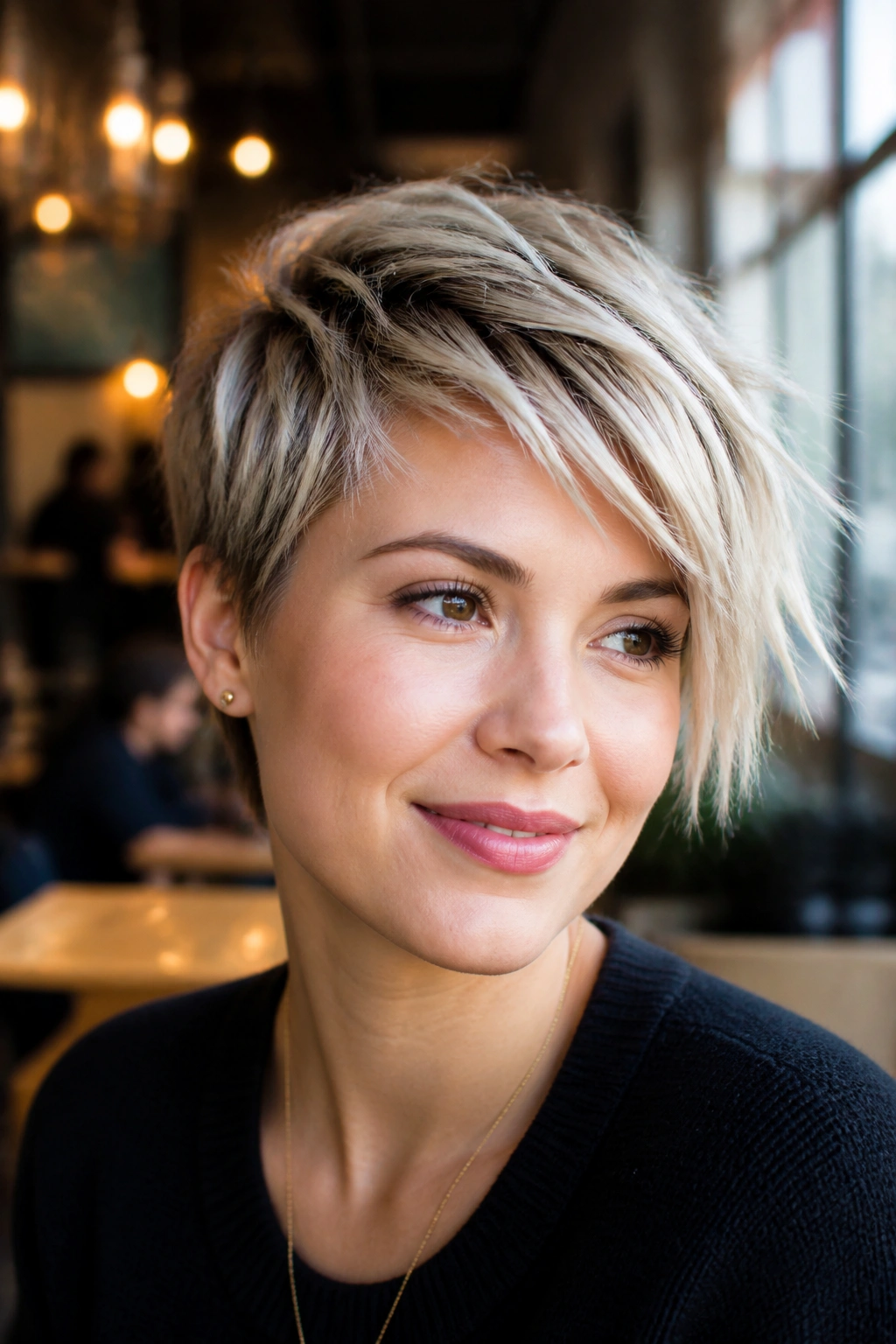 Portrait of a woman with a side-swept pixie cut and textured top