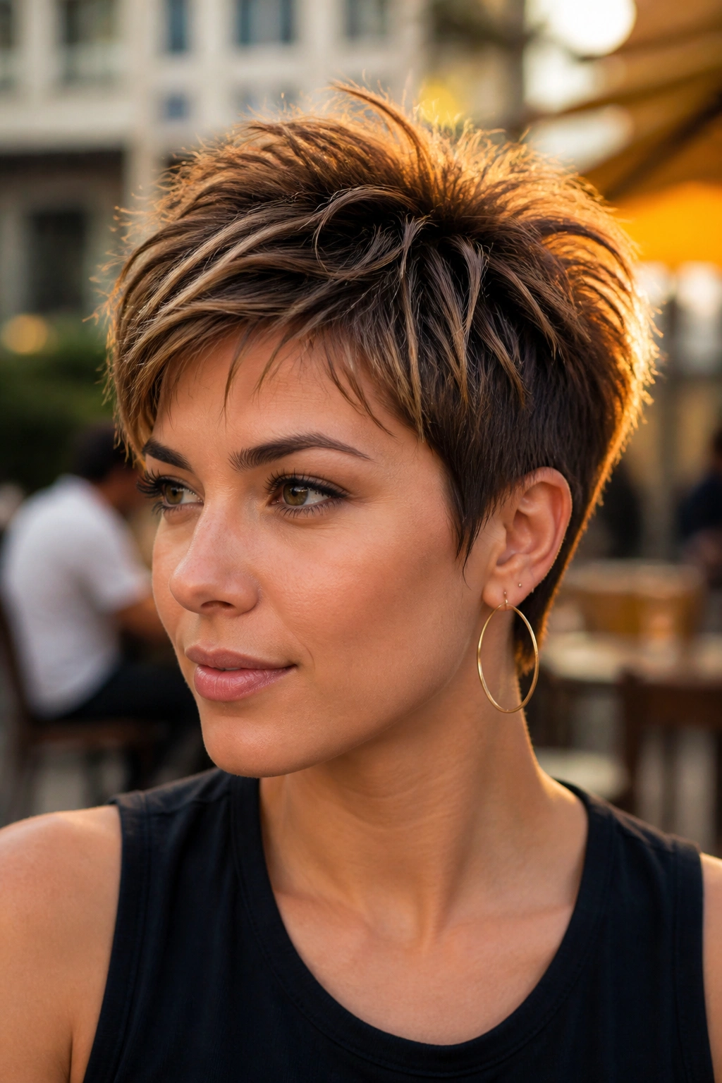 Close-up of a real girl with a choppy textured pixie and extra lift, golden hour cafe setting.