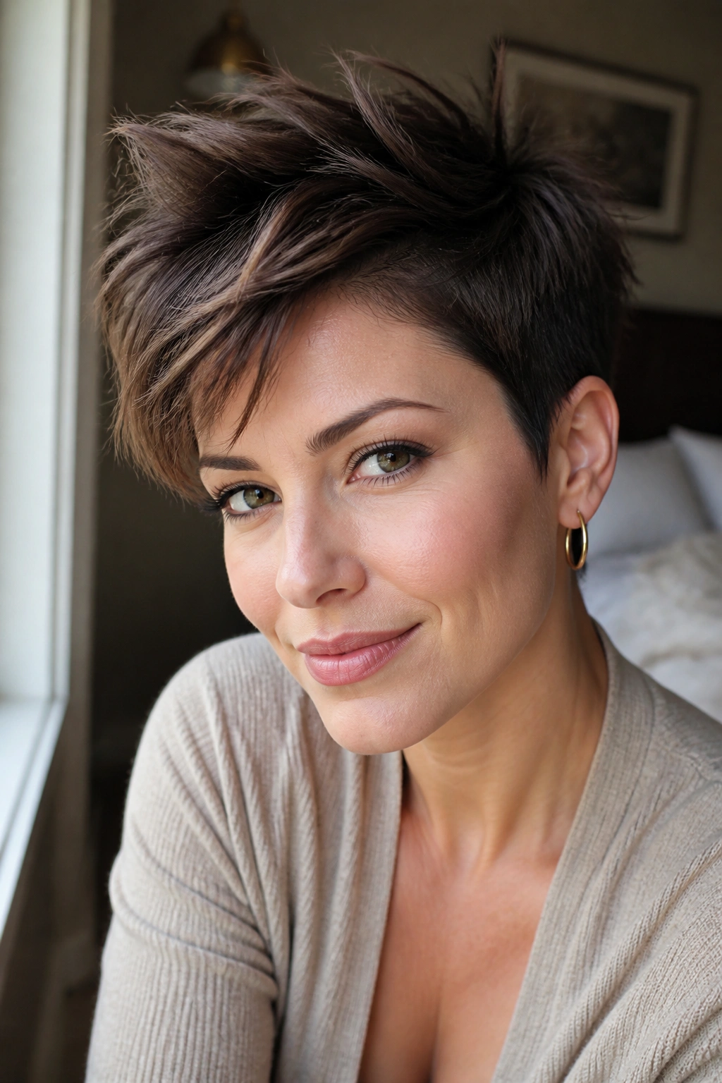 Close-up portrait of a real woman with a pixie haircut featuring long top layers, soft window light.