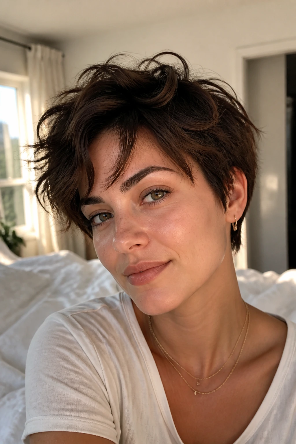 Portrait of a real woman with tousled bed-head pixie hairstyle in a sunlit bedroom.