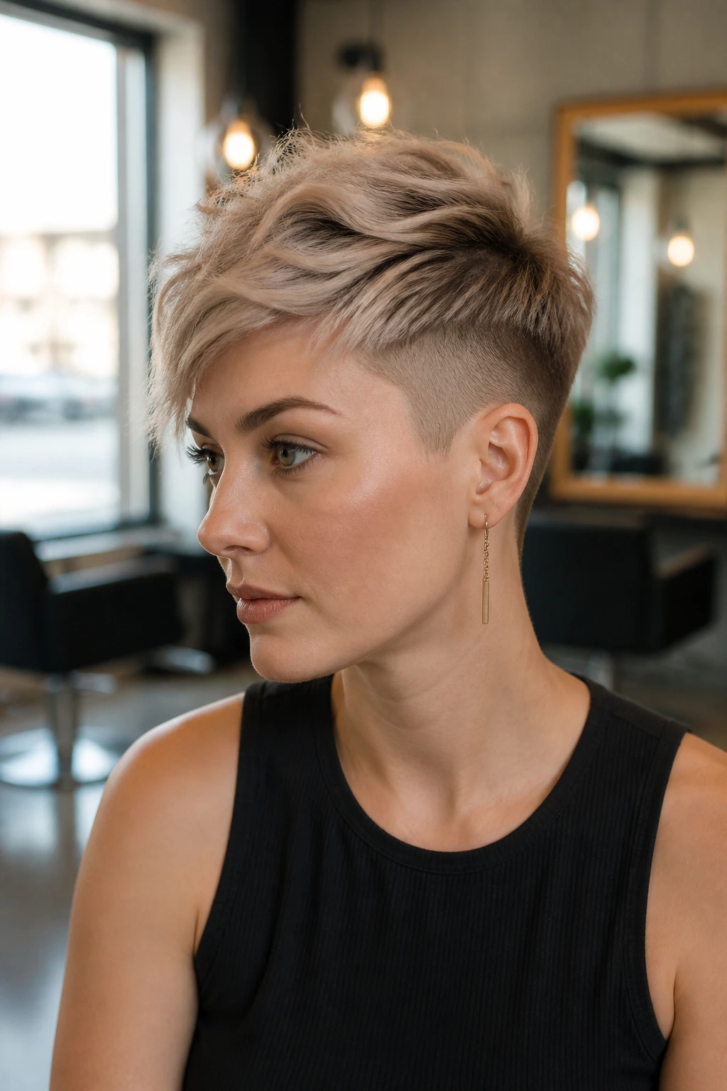 Head-and-shoulders portrait of a real woman with a disconnected undercut pixie
