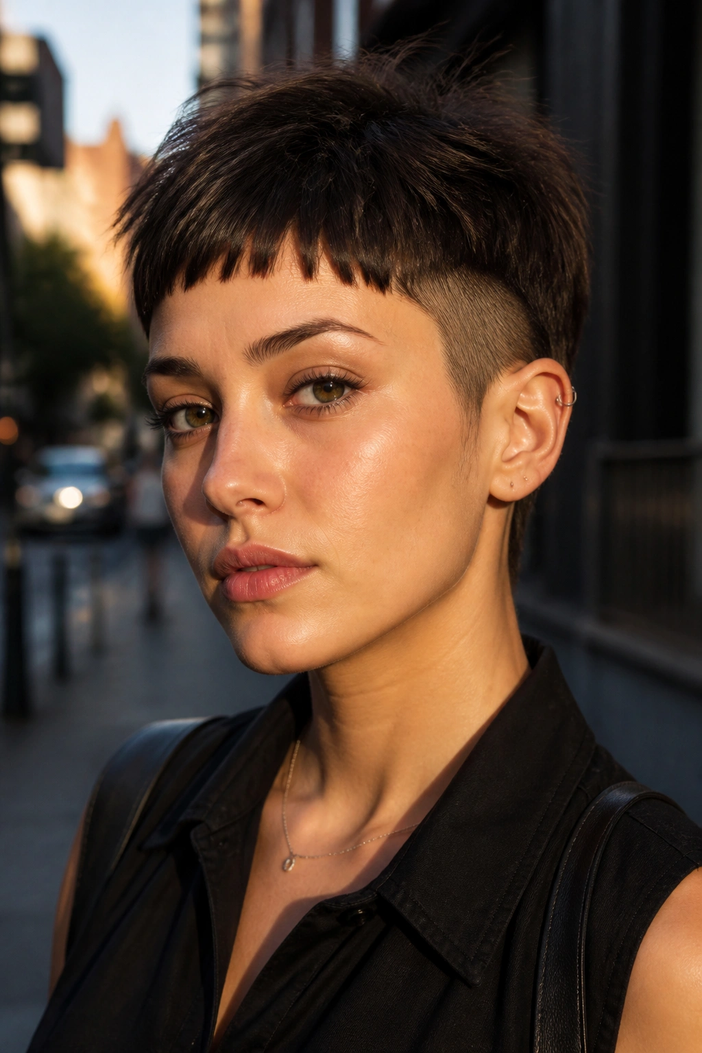 Close-up of pixie undercut with baby bangs on a real person