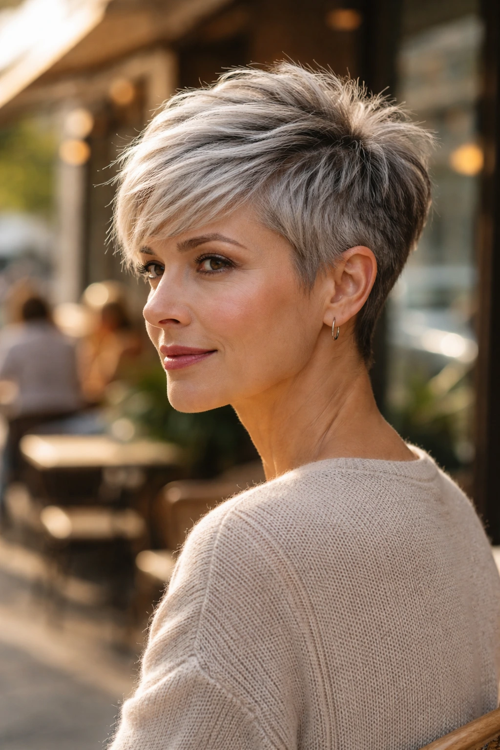 Close-up of a real woman with a textured pixie and undercut on grey hair.
