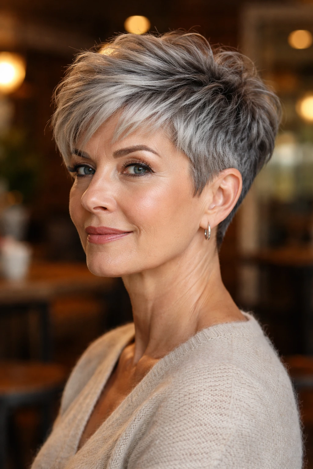 Portrait of a real person with a textured pixie undercut in grey hair.