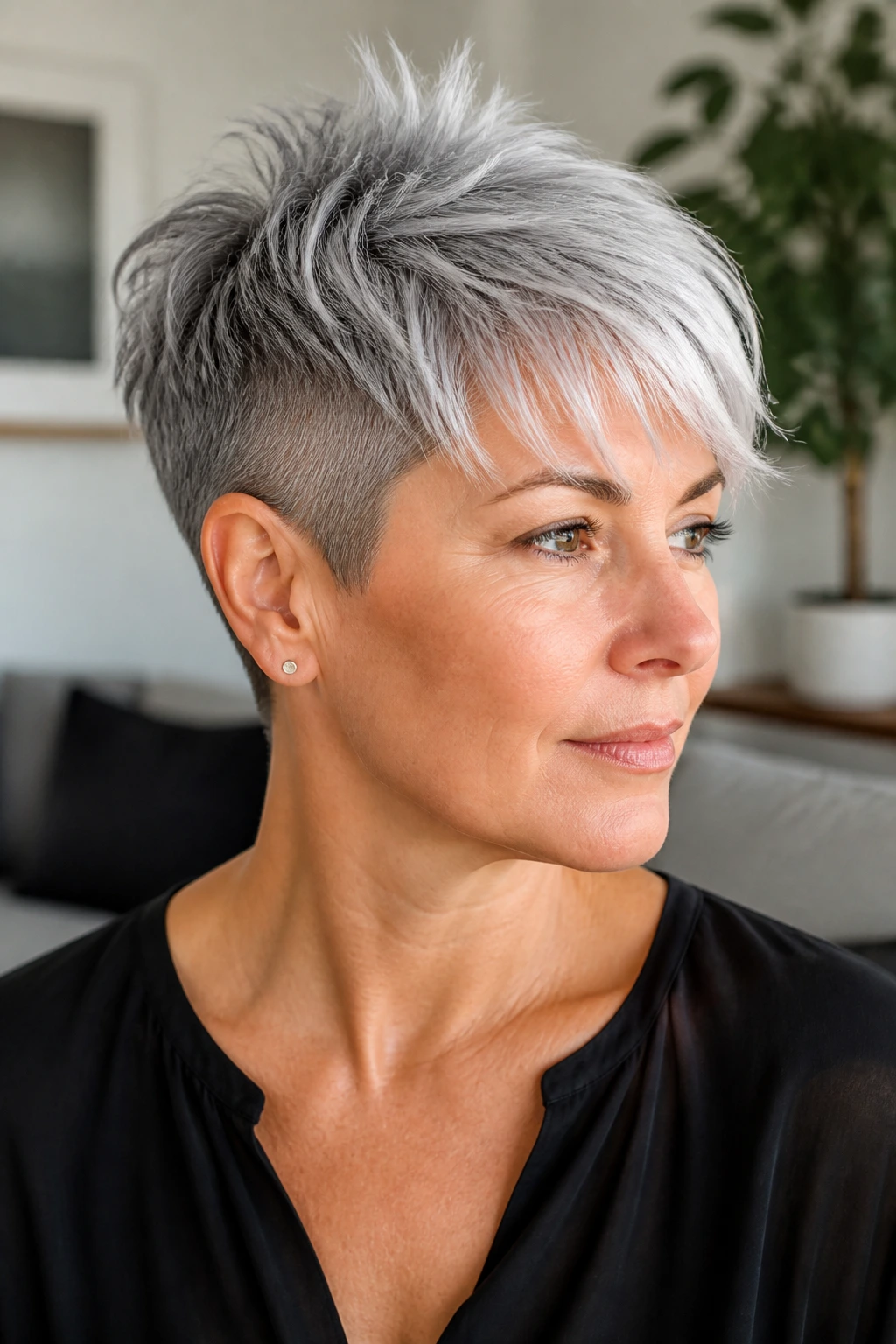 Portrait of a real woman with a piecey pixie and undercut in grey hair.
