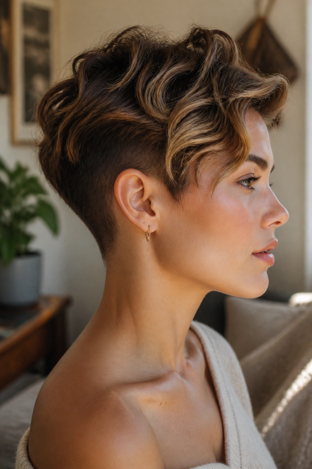 Profile of a real woman with an undercut pixie and loose waves