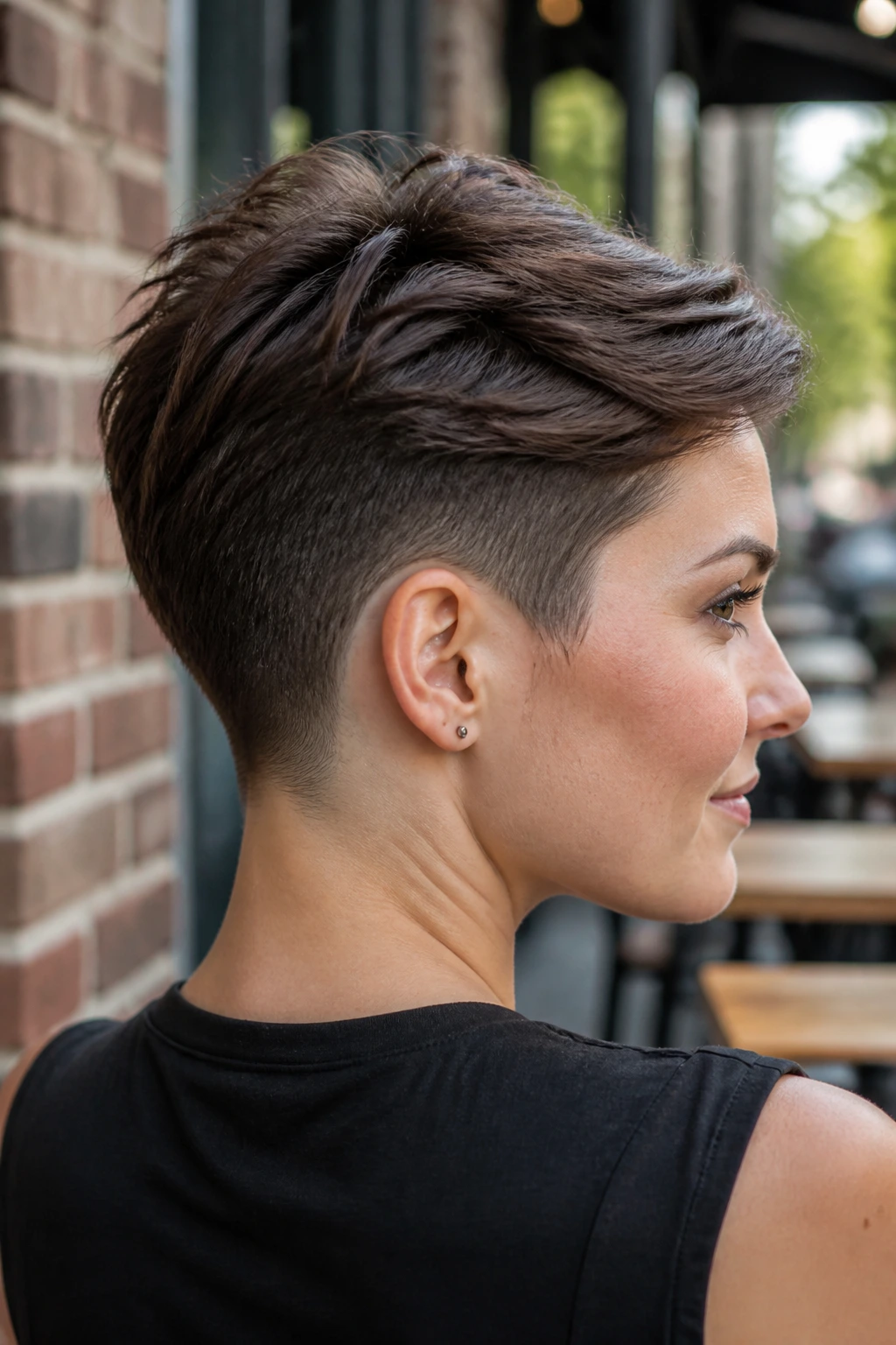 Portrait of a real person with pixie undercut and clean nape in outdoor urban light