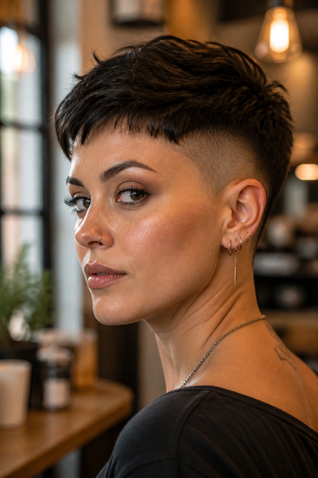 Close-up portrait of a woman with a pixie undercut, short top and shaved sides in a cozy cafe setting