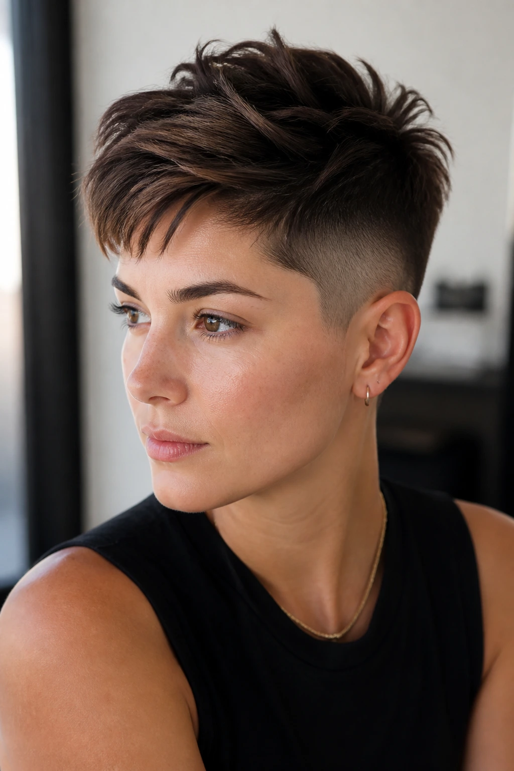 Portrait of a real person with pixie undercut, short sides and textured top