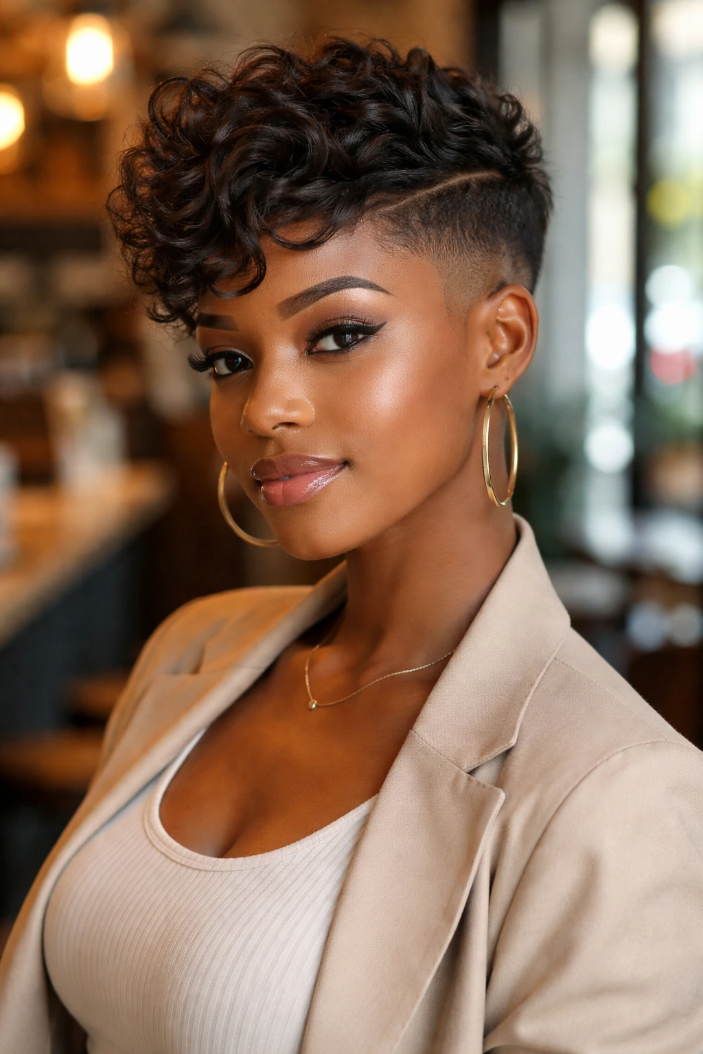 Real woman with pixie cut and side undercut in warm cafe lighting.