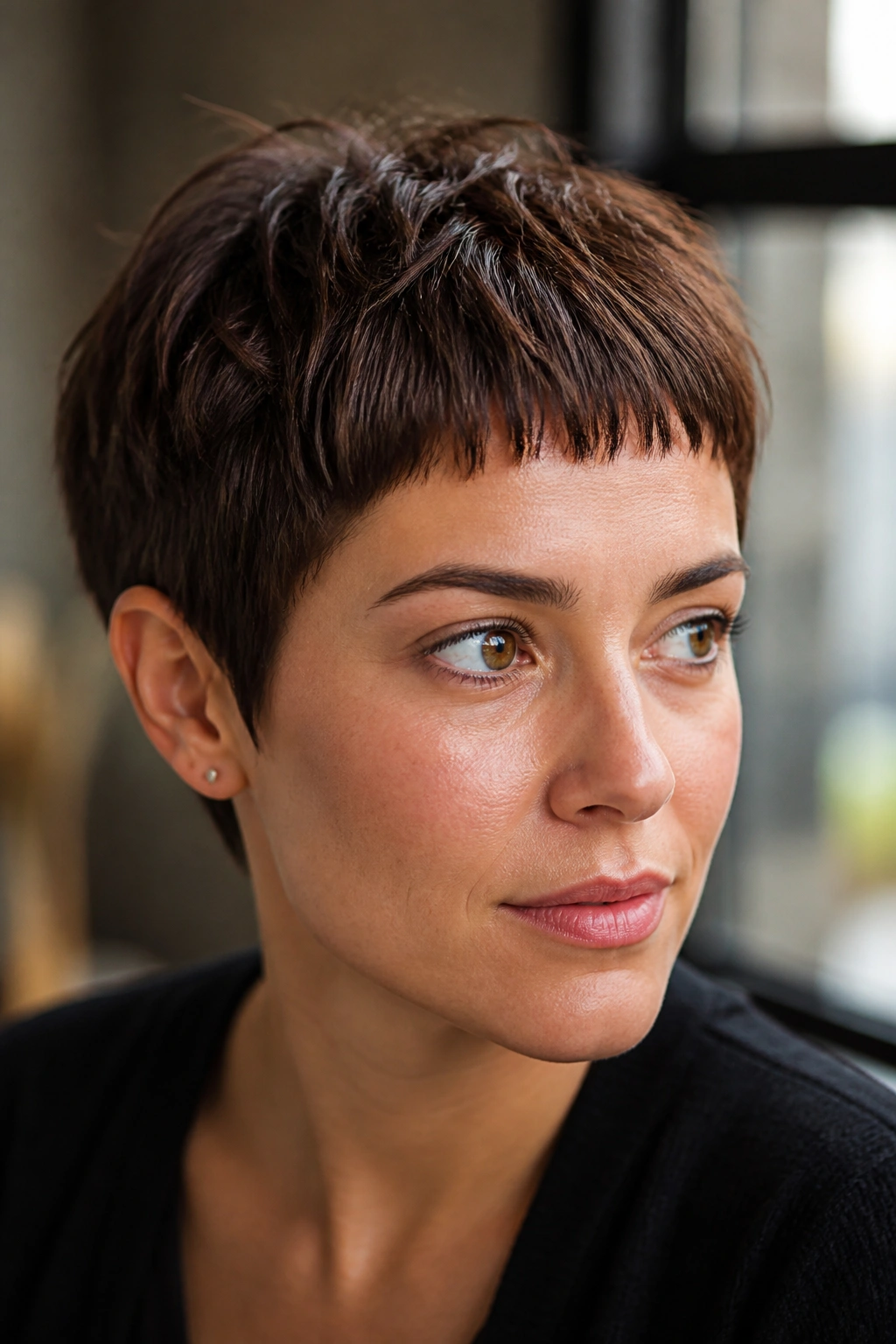 Close-up portrait of a real person with warm walnut pixie and micro bangs