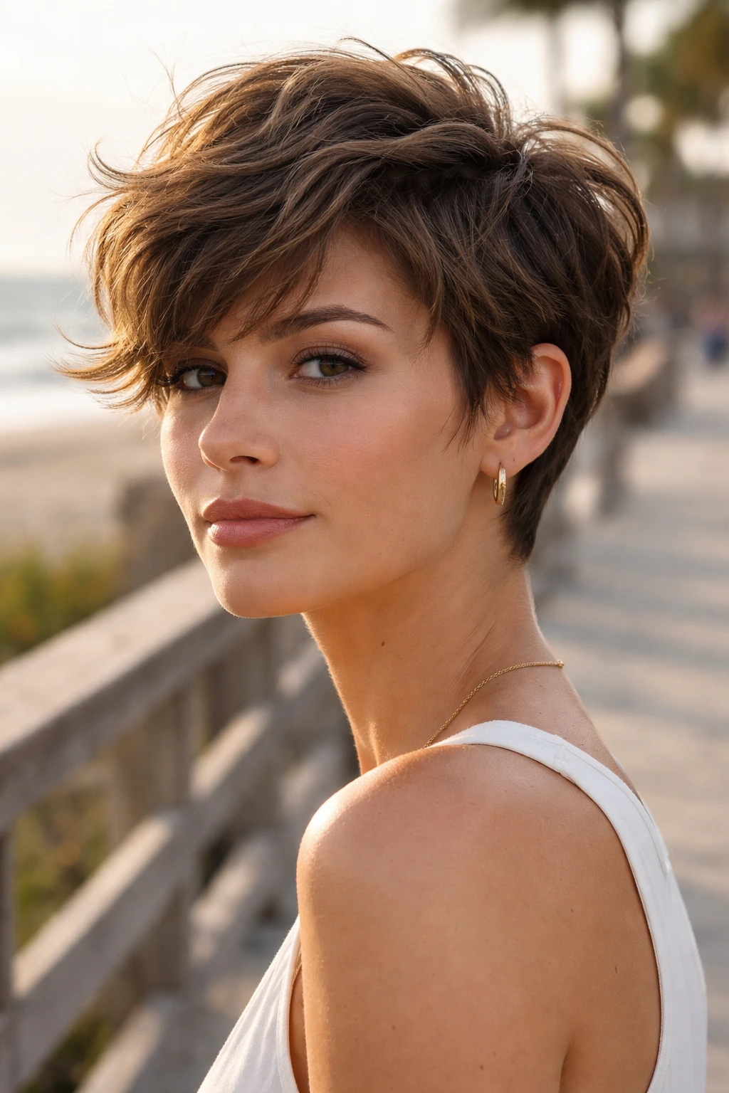 Close-up portrait of a real woman with Wavy Pixie and broken-up layers