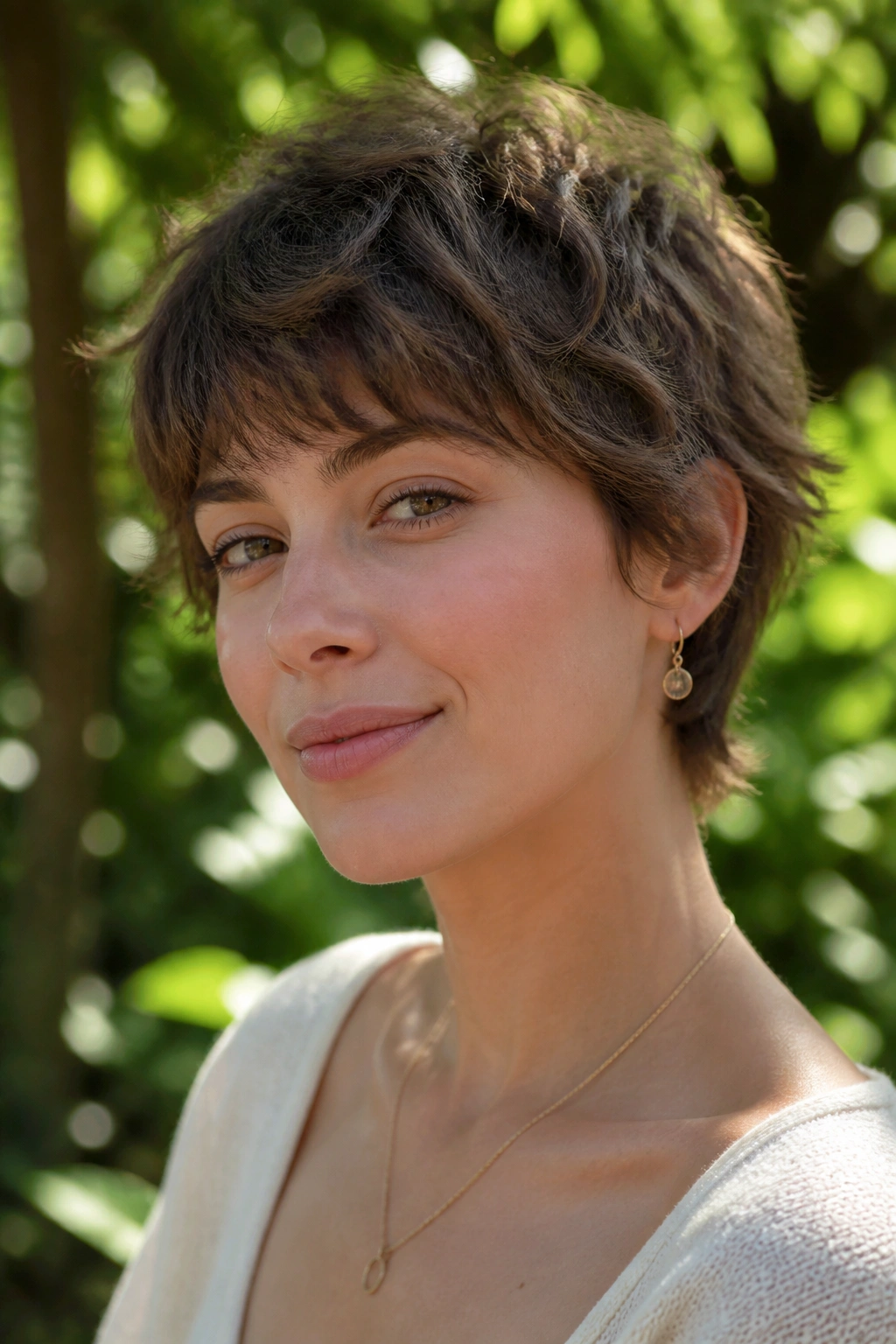 Portrait of a real person with a wavy shag pixie hairstyle in an outdoor garden.