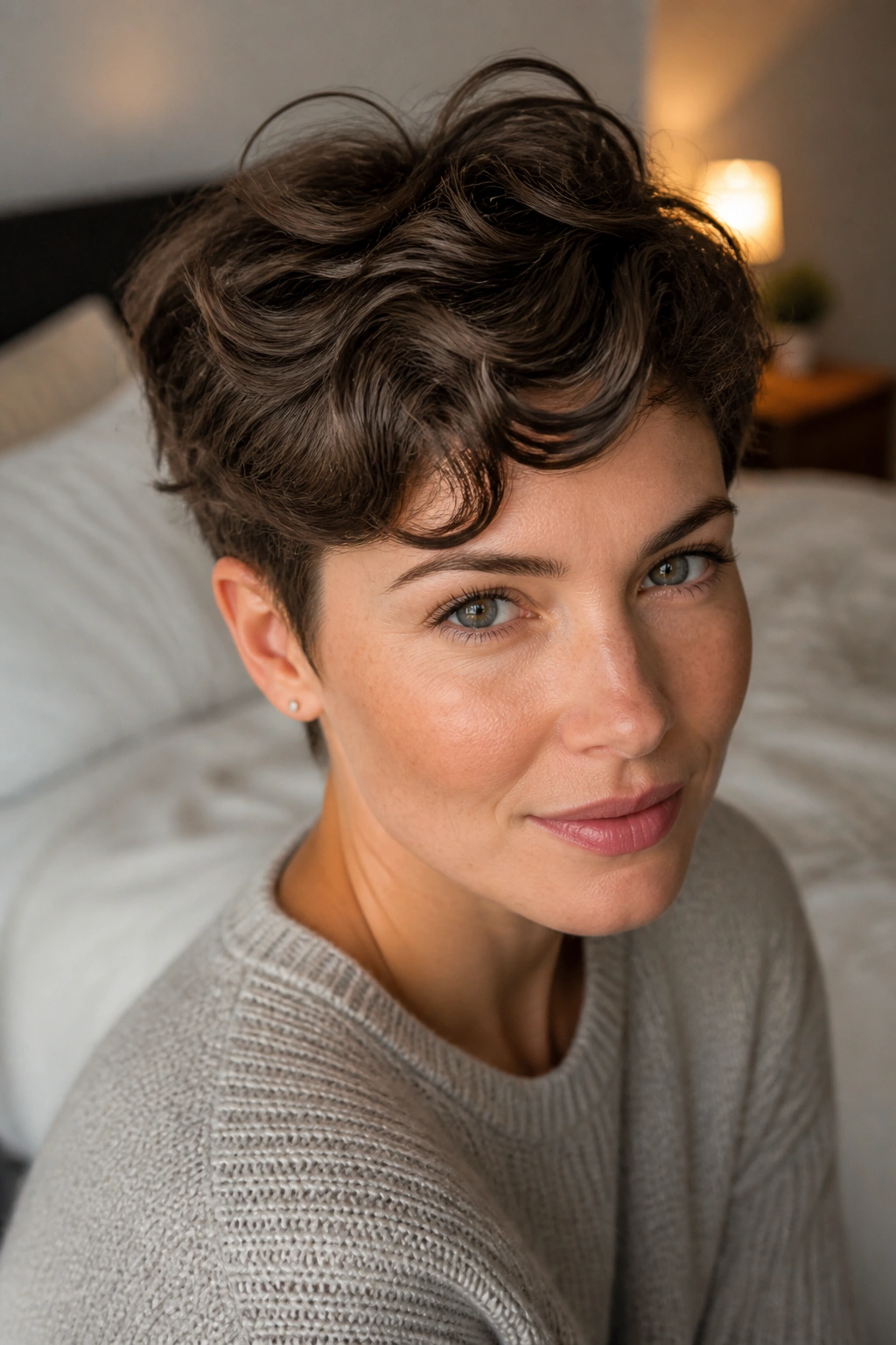 Close-up portrait of a real person with a pixie cut and a wavy top