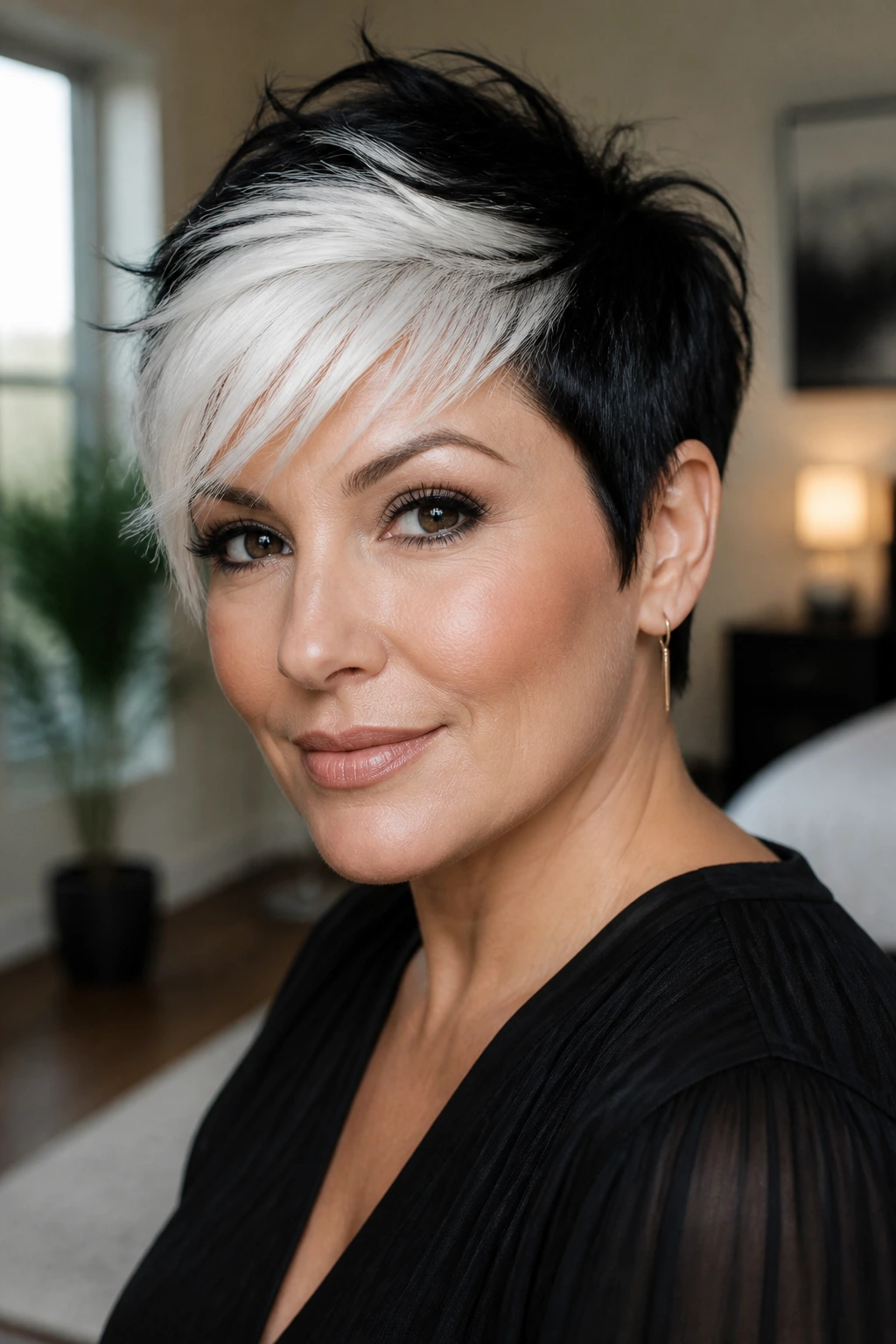Pixie cut with white feathered fringe on a real person