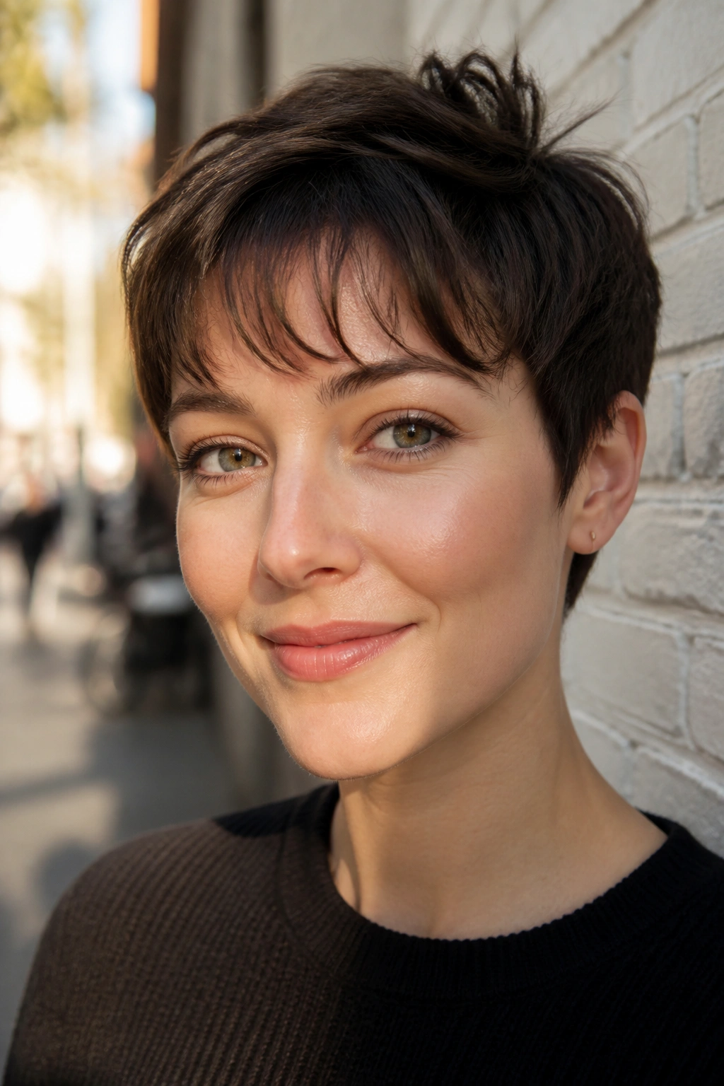 Close-up of a real person with a short pixie cut and wispy fringe.