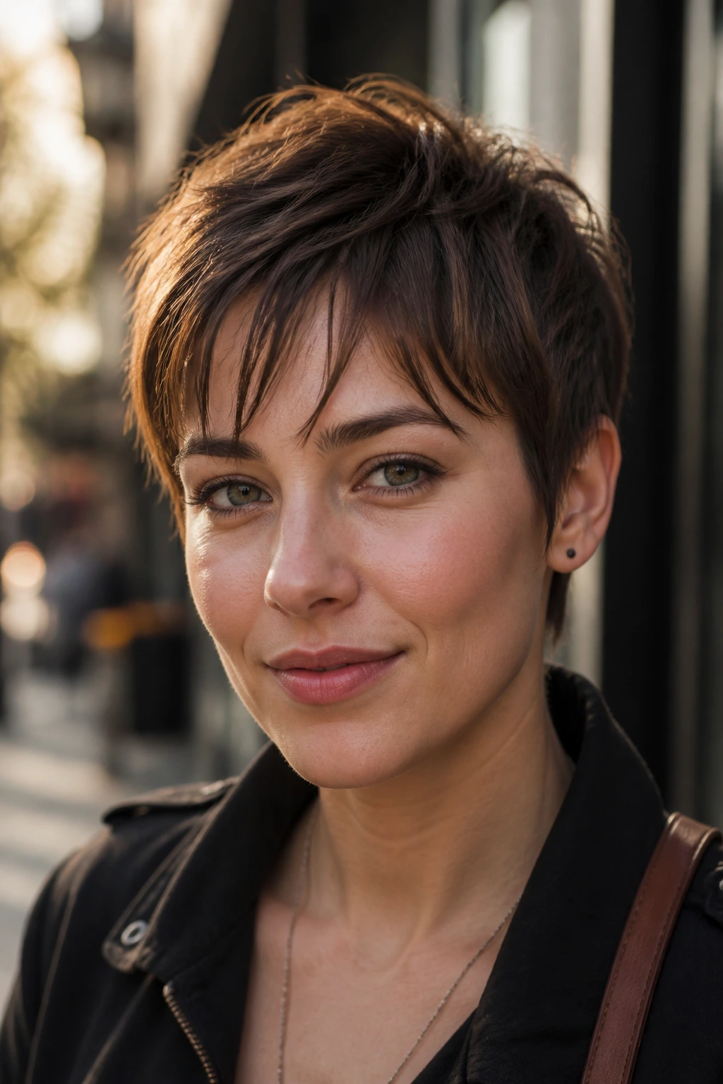 Close-up of a real woman's face with a pixie cut and wispy fringe