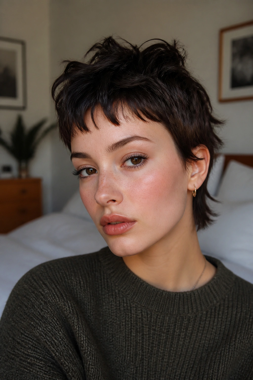 Close-up portrait of a real person with a pixie-length wolf cut and micro fringe, crown lifted, warm window light
