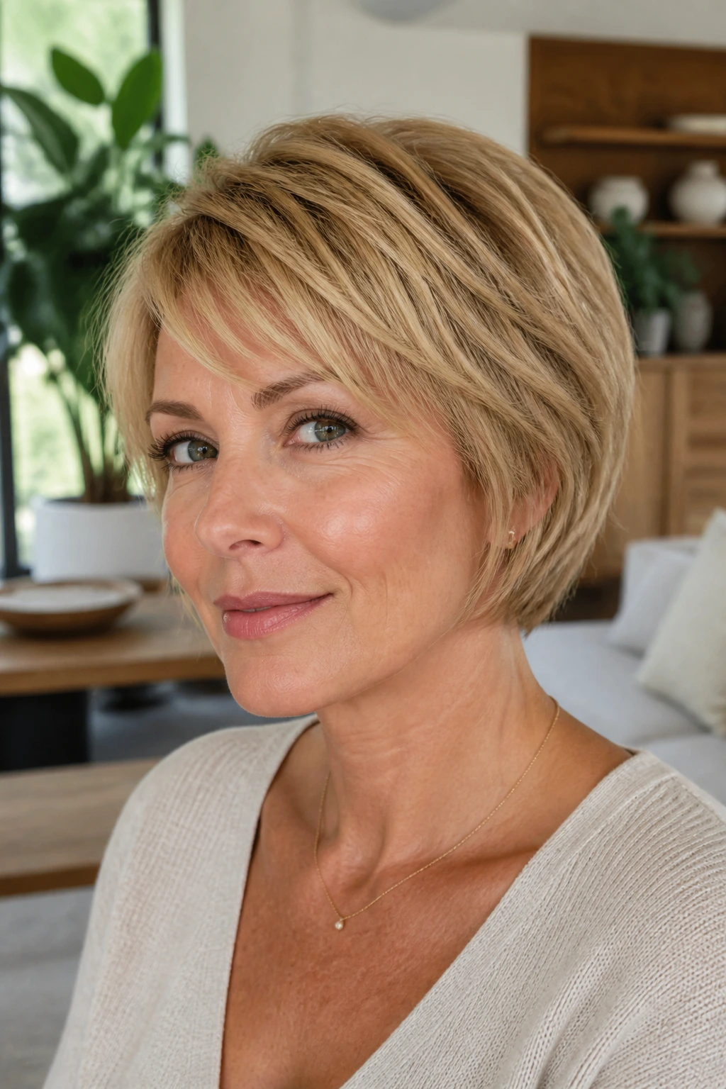 Head-and-shoulders portrait of a real woman with a Pixie Bob Hybrid in honey blonde.