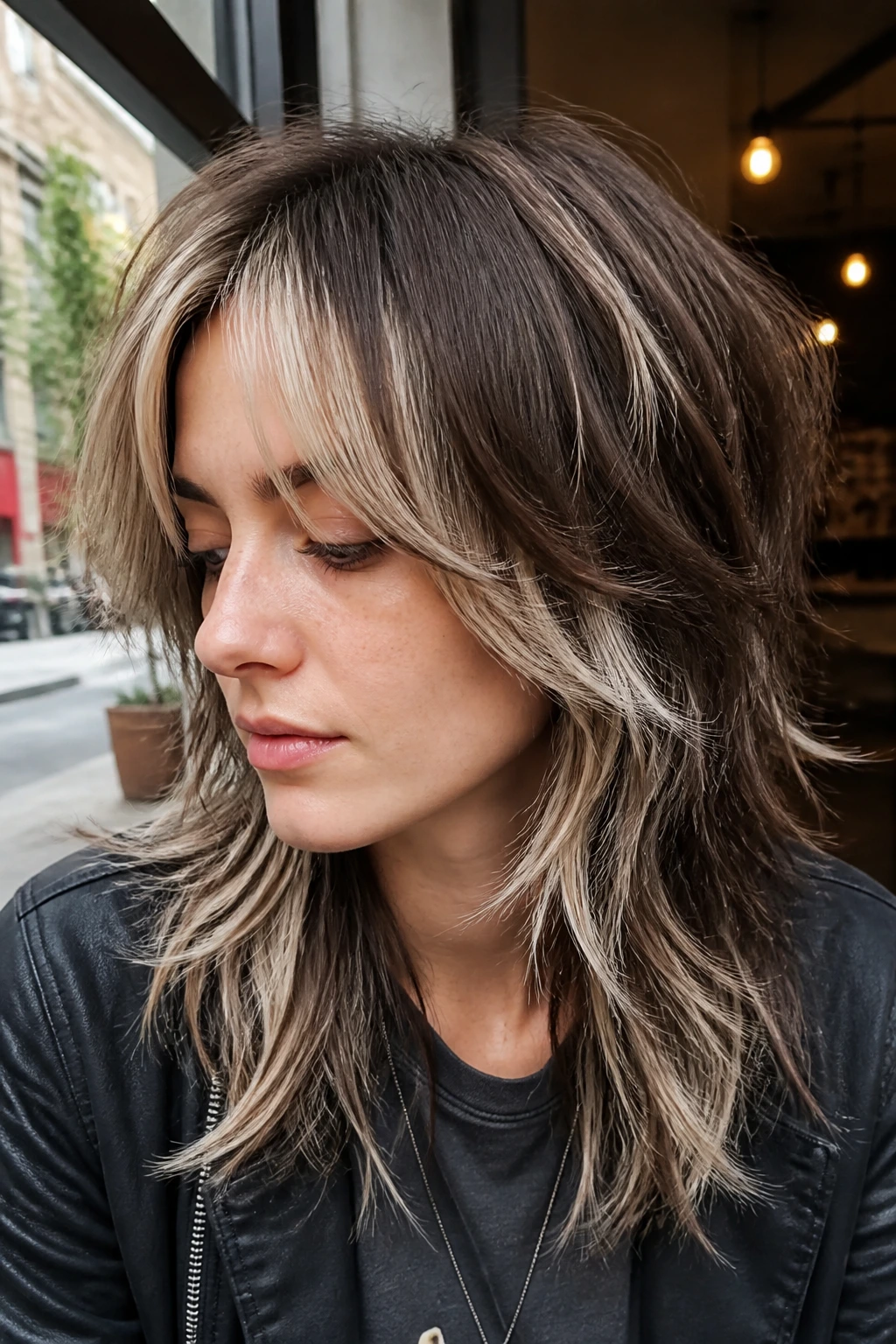 Shag/wolf cut with platinum accent pieces close-up