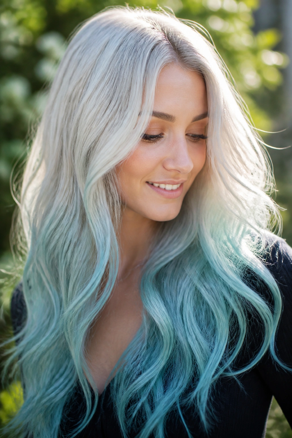 Close-up portrait of a real woman with platinum to aqua blue ombre hair outdoors in sunlight