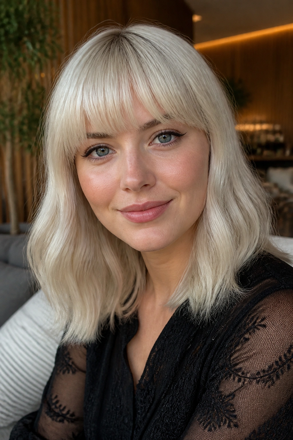 Close-up portrait of a real woman with arched platinum bangs following the brow line.