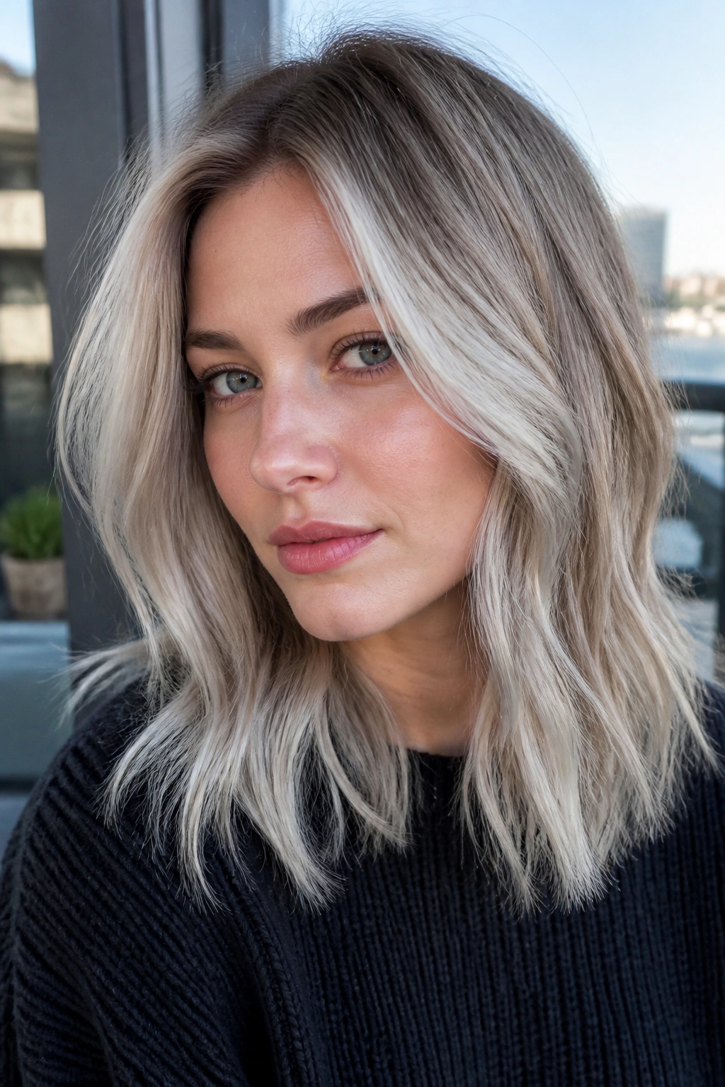Portrait of a real woman with platinum ash balayage on mid-length hair in natural light.