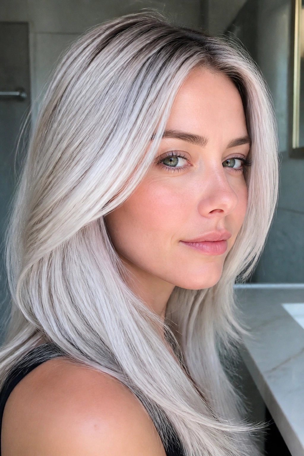 Close-up portrait of woman with platinum ash blonde hair in a cool-toned bathroom