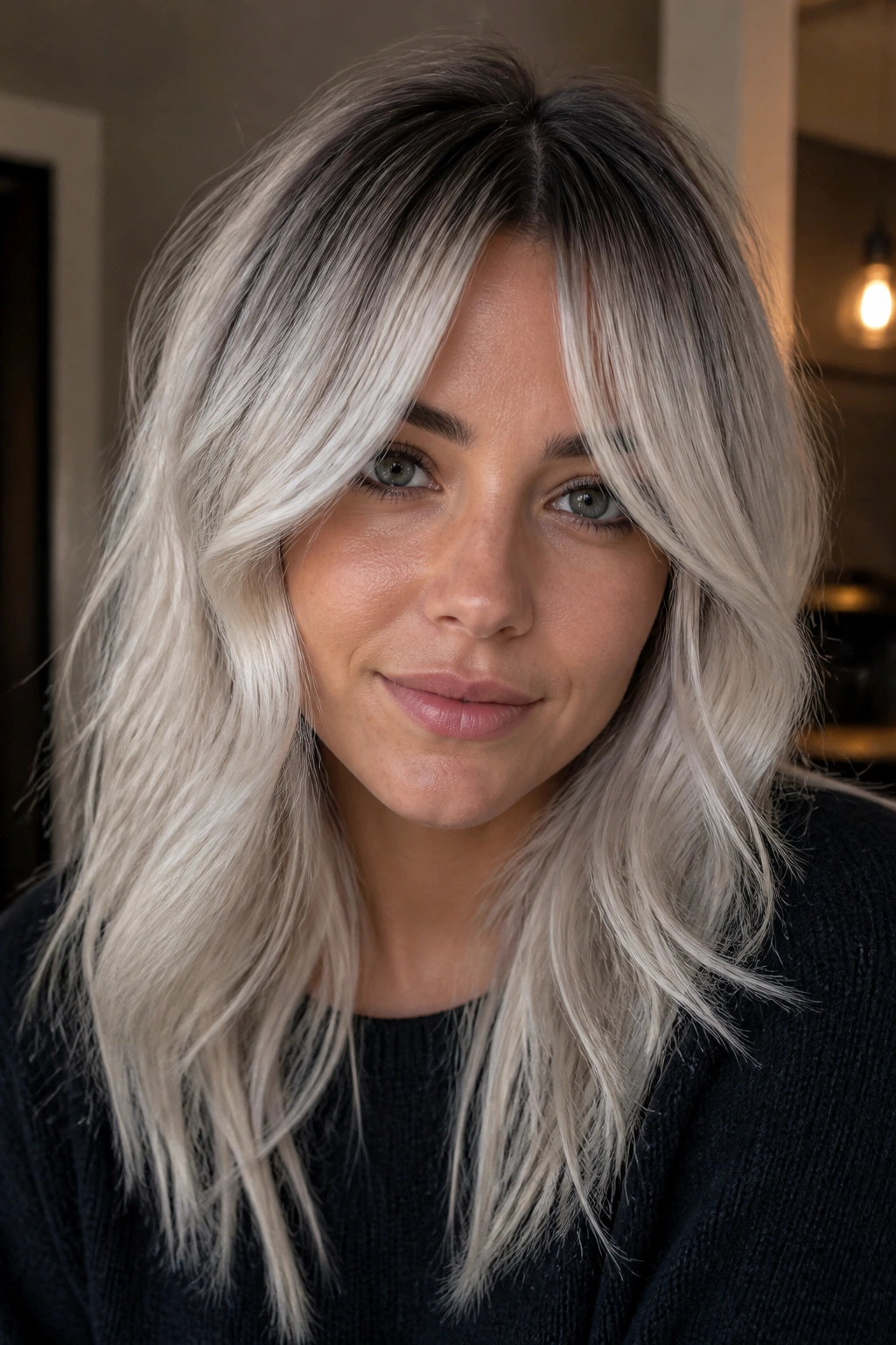 Close-up of a real woman with platinum ash curtain bangs and dark roots