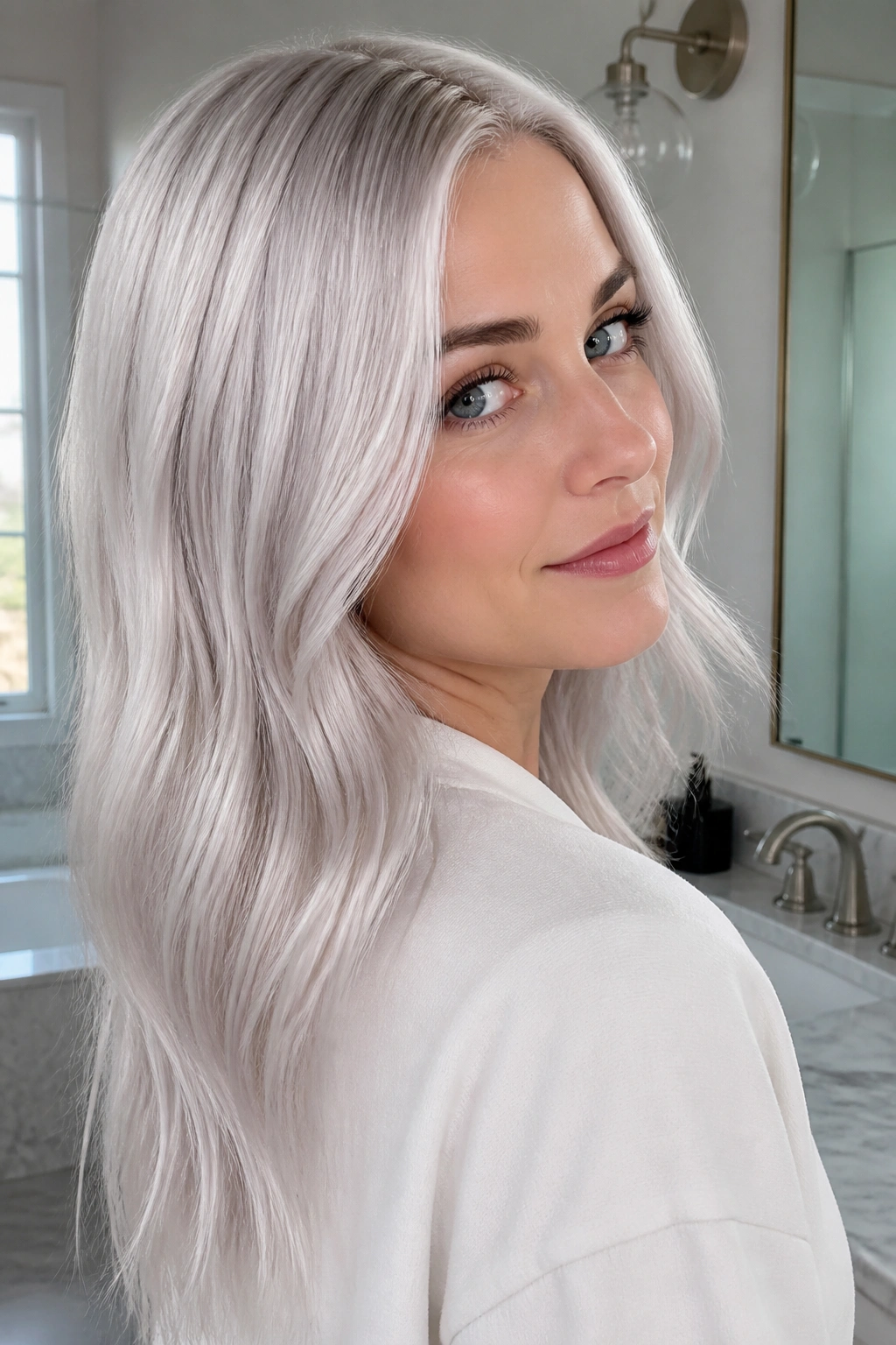 Close-up of platinum ash gloss hair on a real person