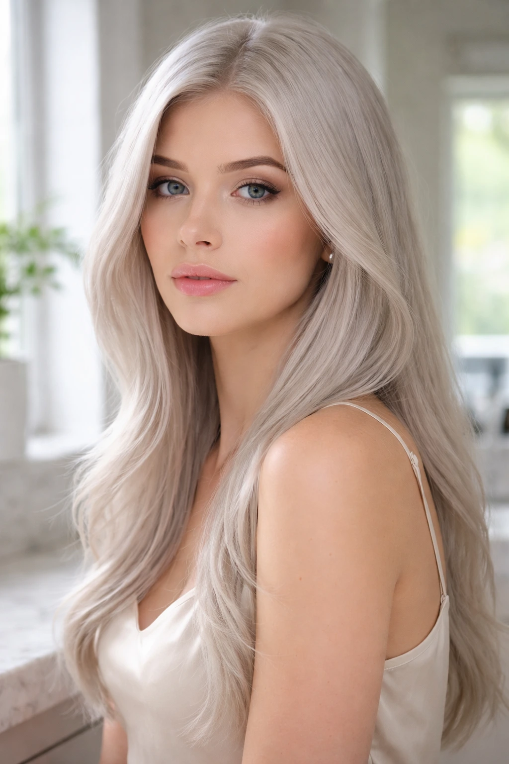 Close-up portrait of a real woman with platinum ash hair in sunlit setting