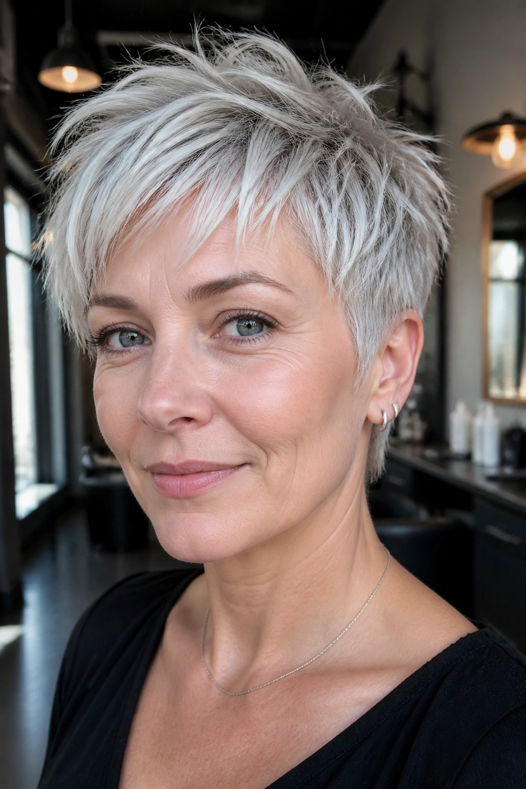Close-up of a real woman with platinum ash pixie cut and choppy texture