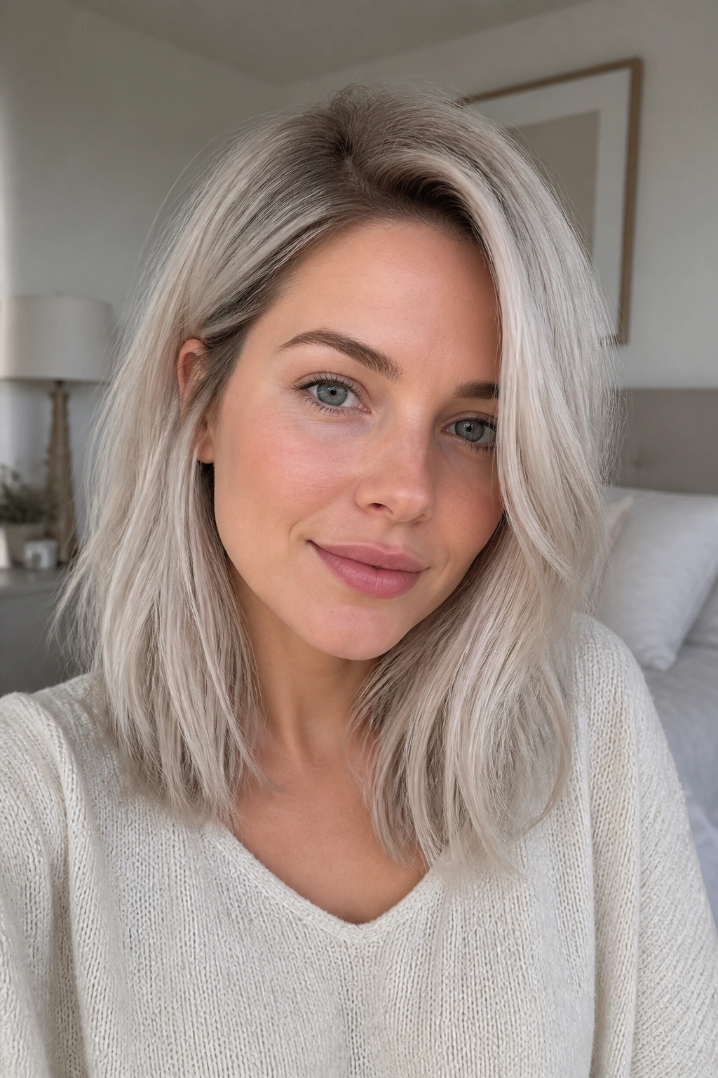Portrait of a real woman with platinum ash blonde and a shadow root.