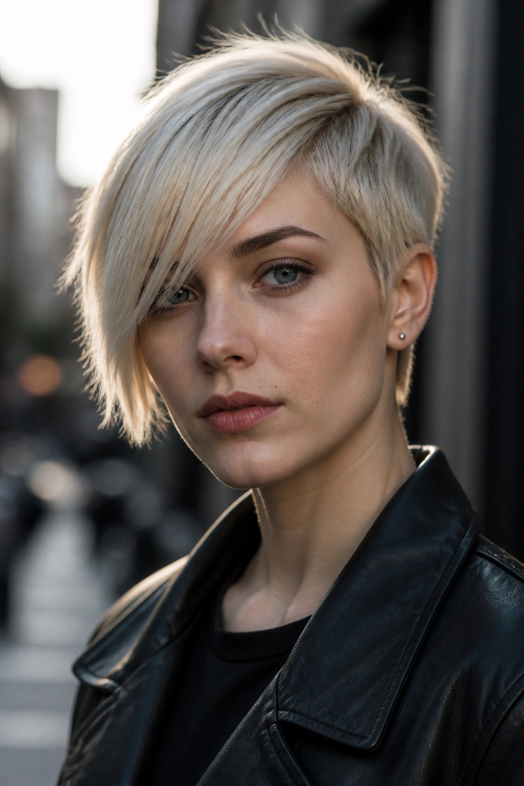 Real person with platinum asymmetric bangs diagonally framing the face