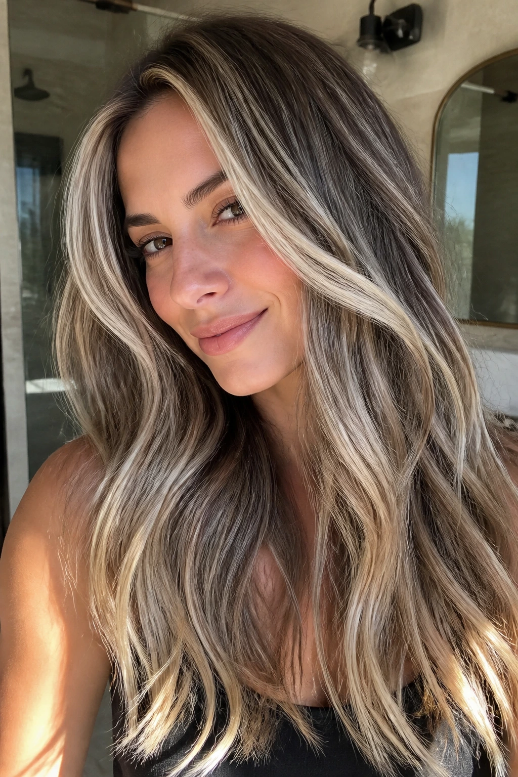 Long brown hair with platinum babylights and lowlights close-up