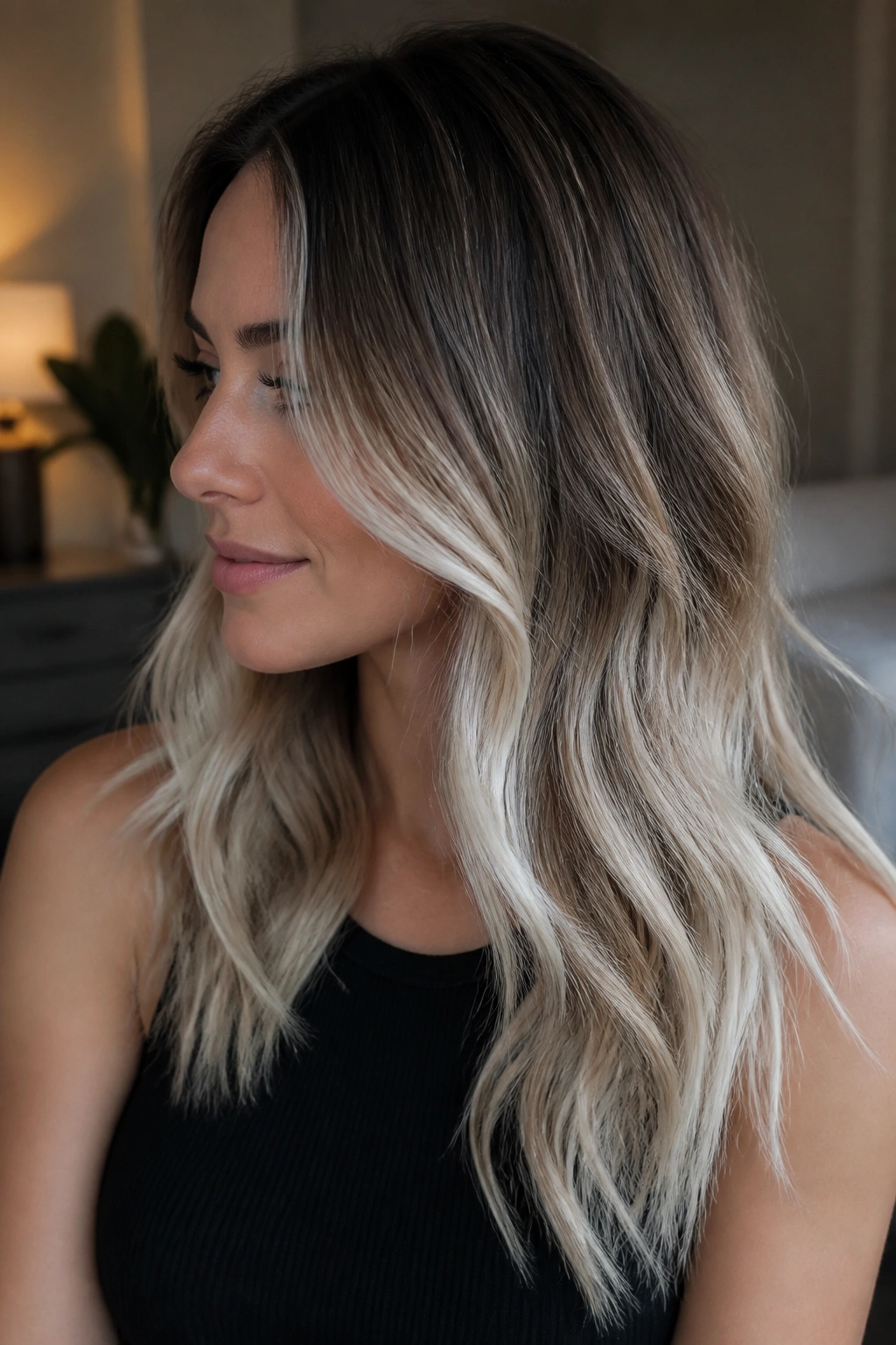 Close-up portrait of a real person showing mid-length platinum balayage on brown hair.