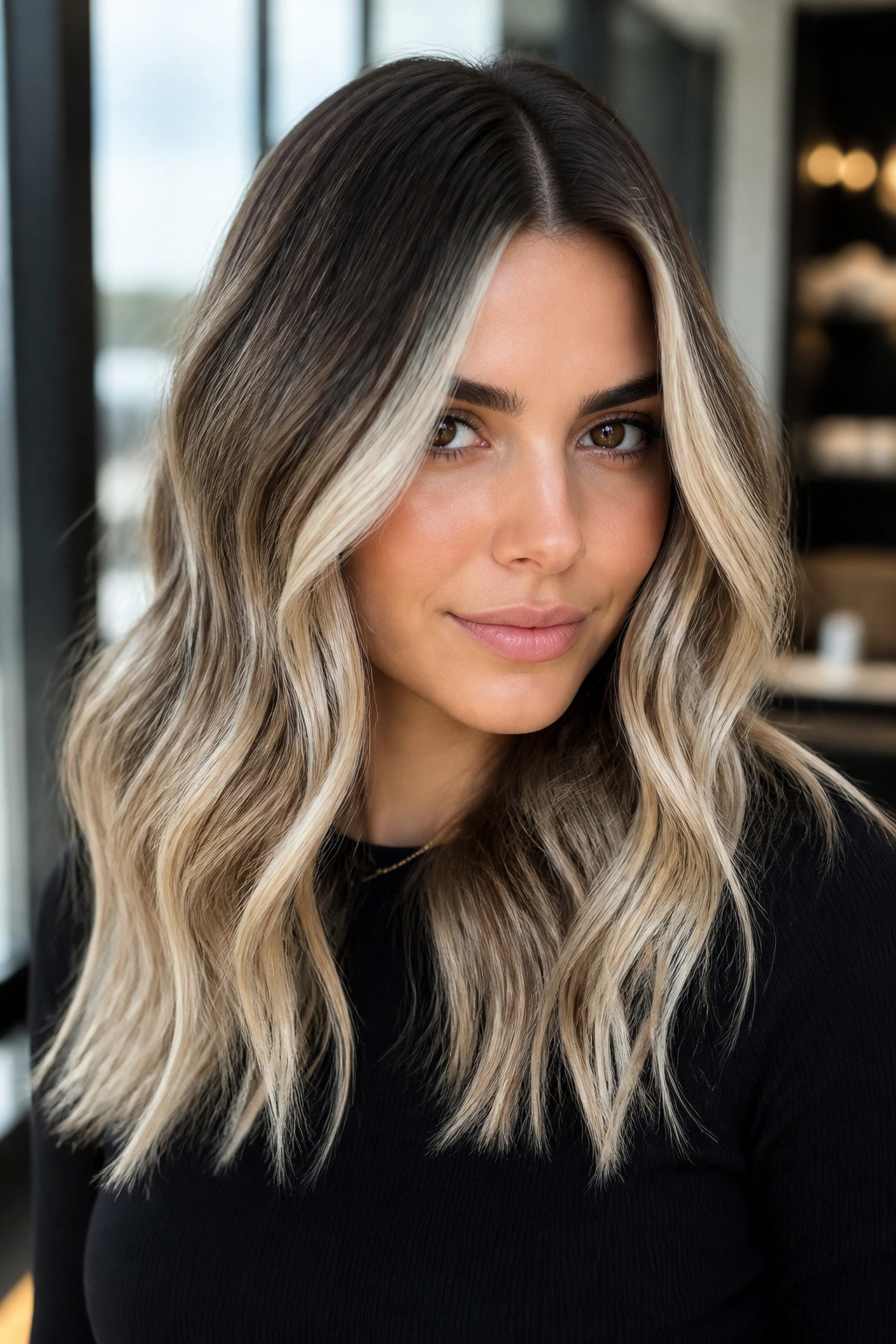 Portrait of brown hair with near-platinum balayage for bold contrast on a real person