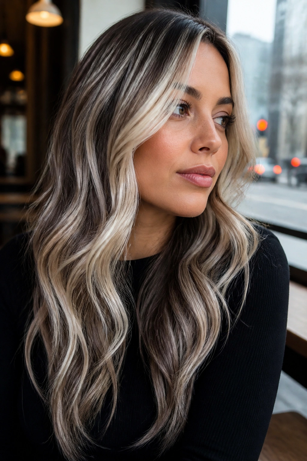 Close-up of a woman with platinum balayage and brunette lowlights