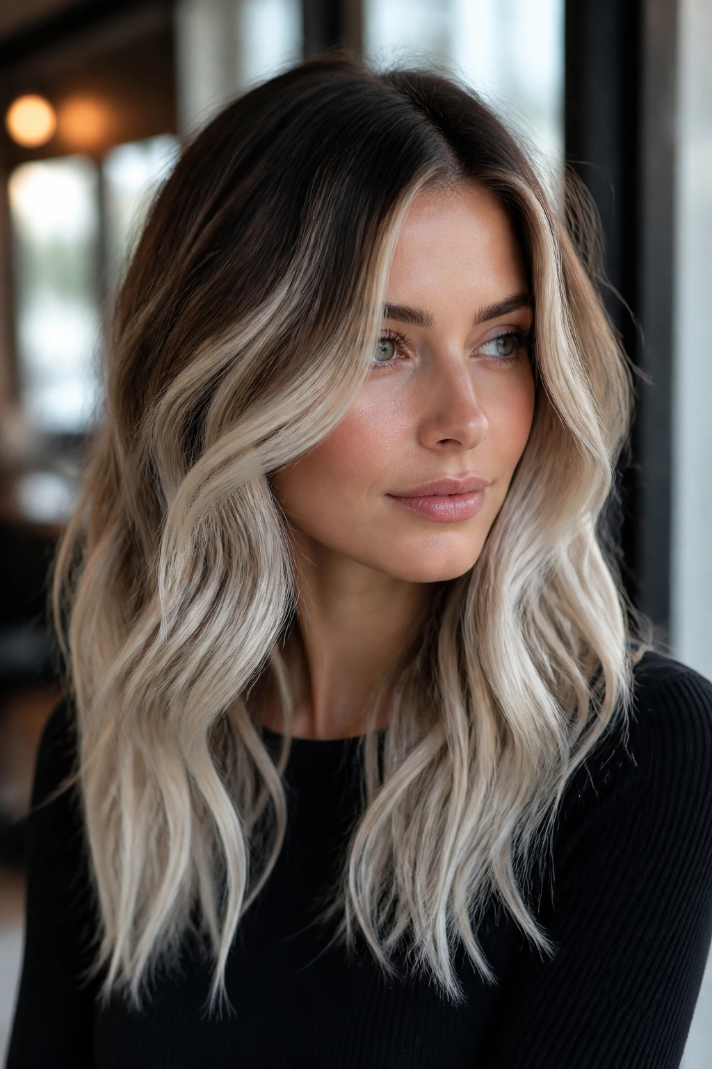 Portrait of a person with platinum balayage on a dark base hair color.