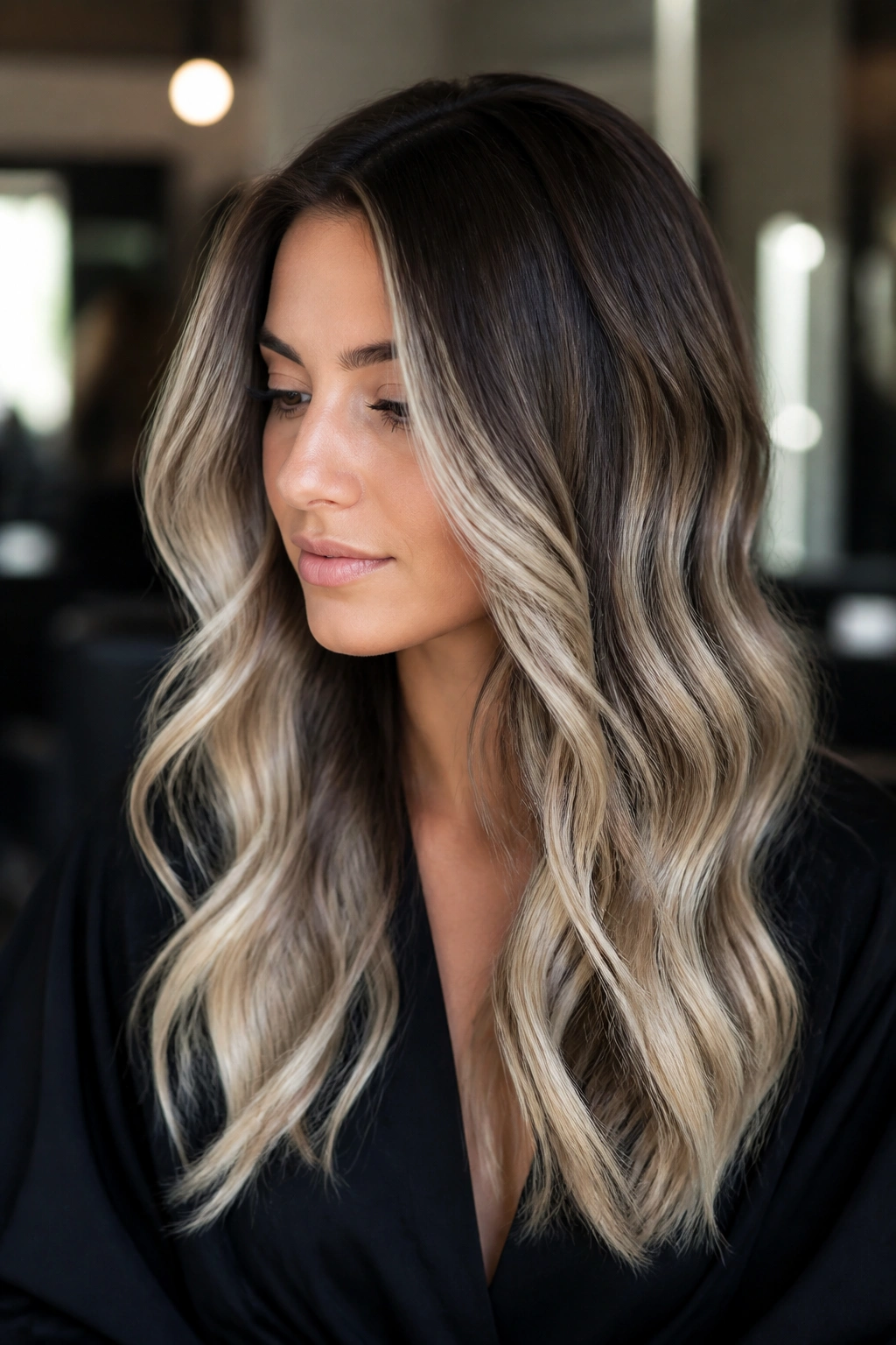 Close-up of a real person with platinum-leaning balayage on dark brown hair.