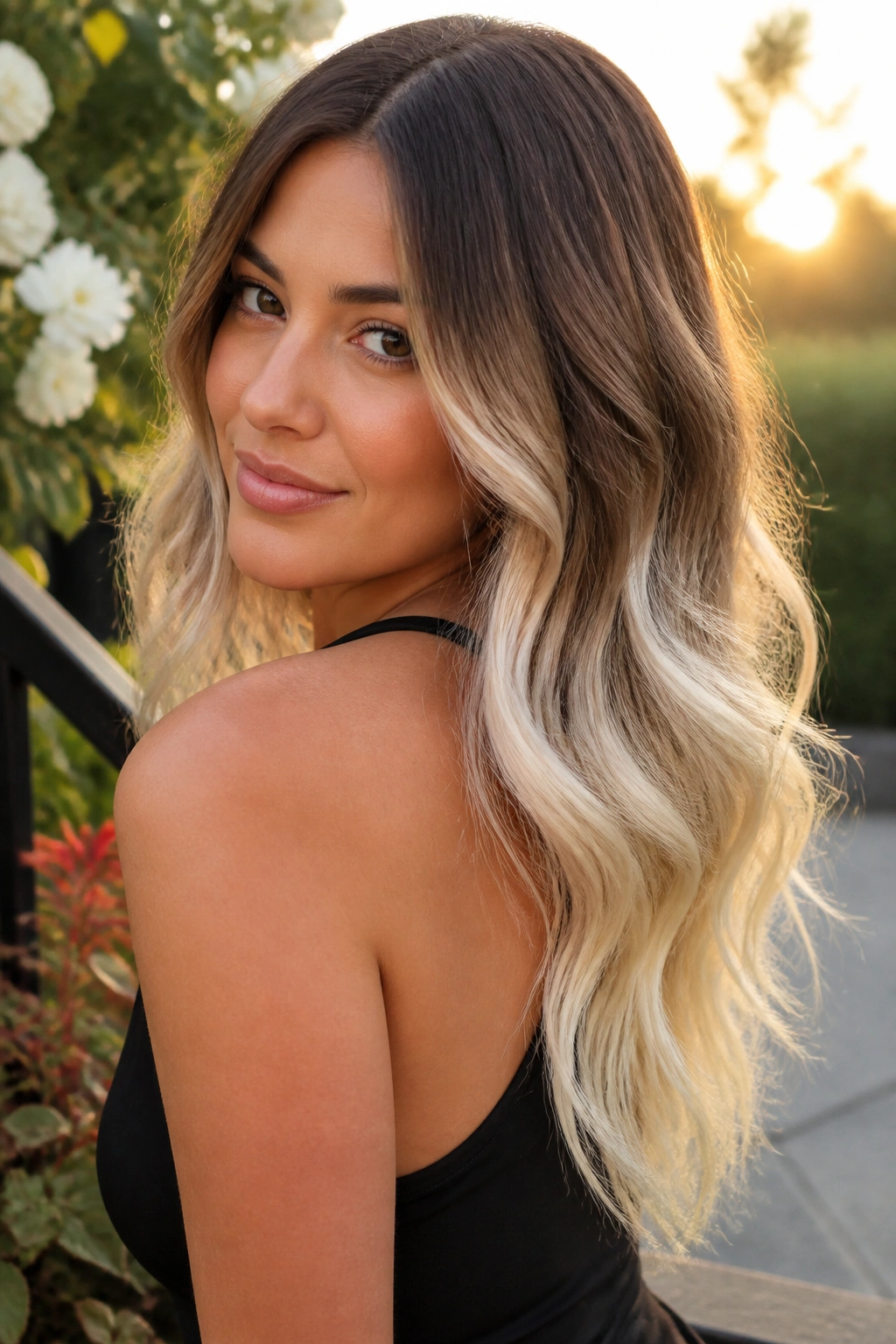 Close-up of a real woman with platinum balayage ends in soft waves outdoors.