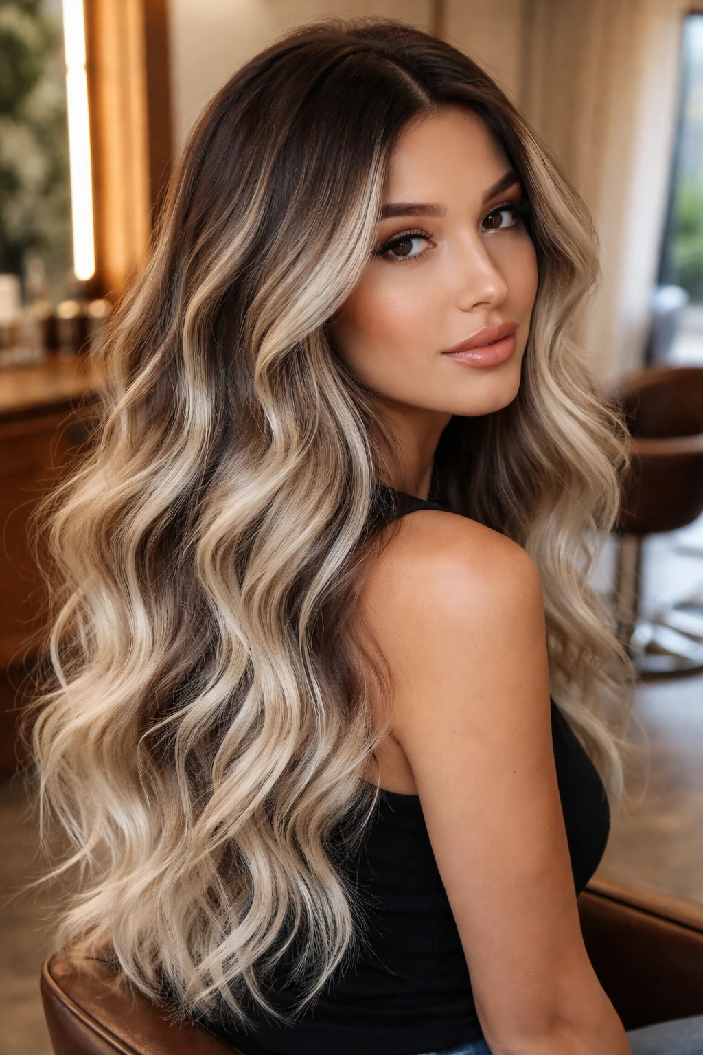 Close-up of platinum balayage on mid-lengths to ends of wavy hair.
