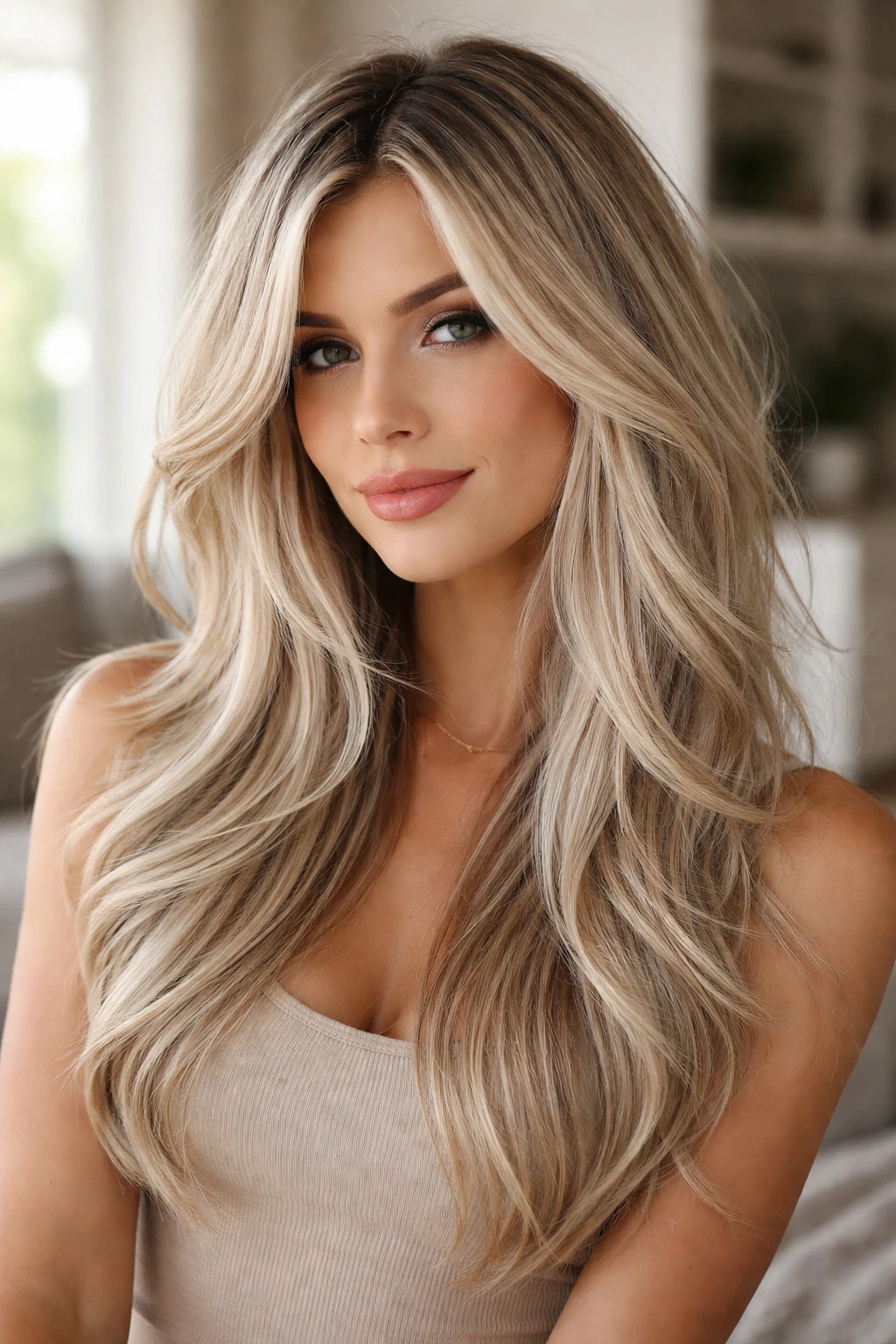 Close-up of a woman with wispy layers and platinum balayage