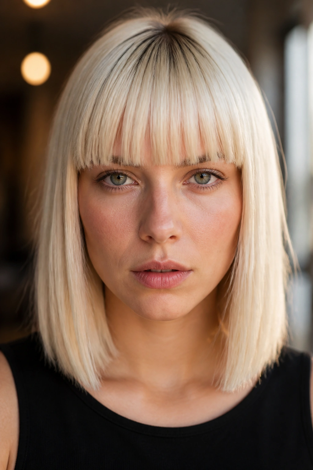 Close-up of a real woman with platinum blunt bangs at the brows, sleek hair and soft window light.