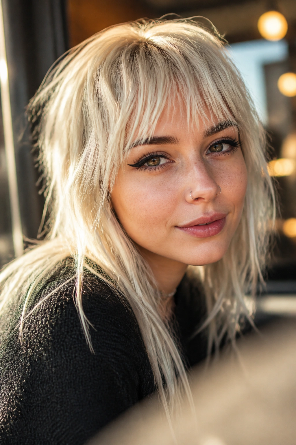 Close-up portrait of a real woman with choppy platinum bangs showing piecey movement.
