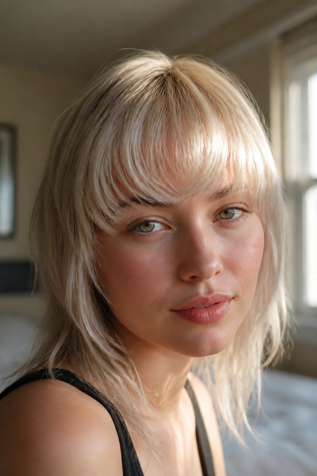 Close-up of a real person with platinum crescent bangs forming a soft U shape