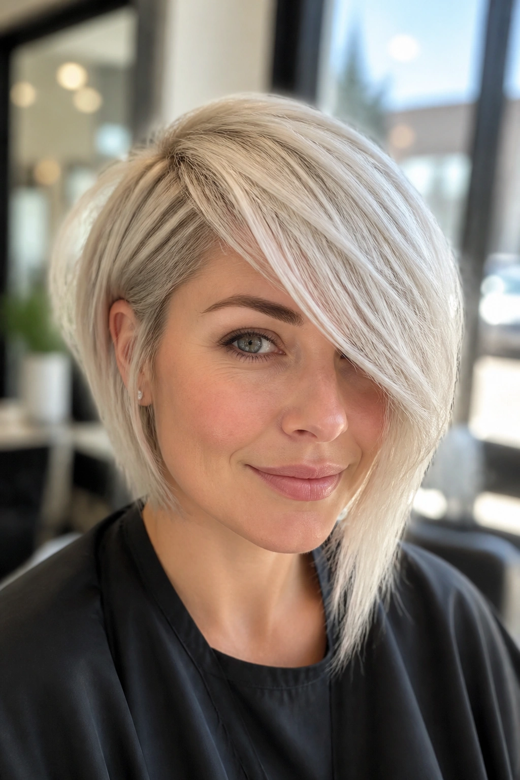 Close-up of a real woman with long side-swept platinum bangs.