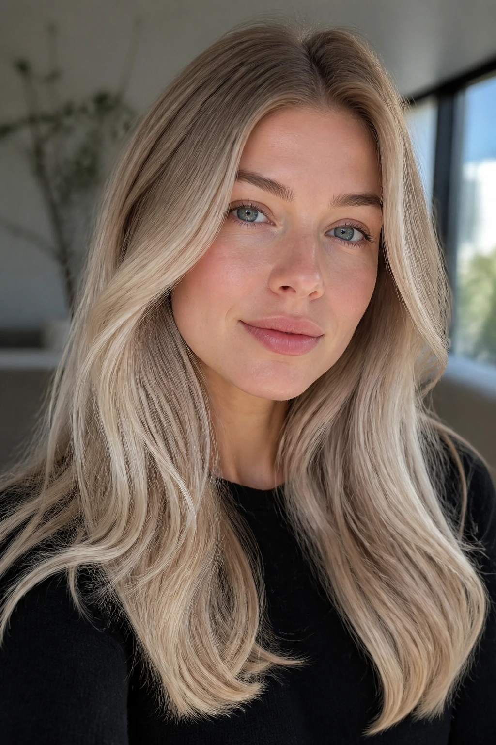 Close-up of a real woman with platinum beige blonde hair and a soft finish.