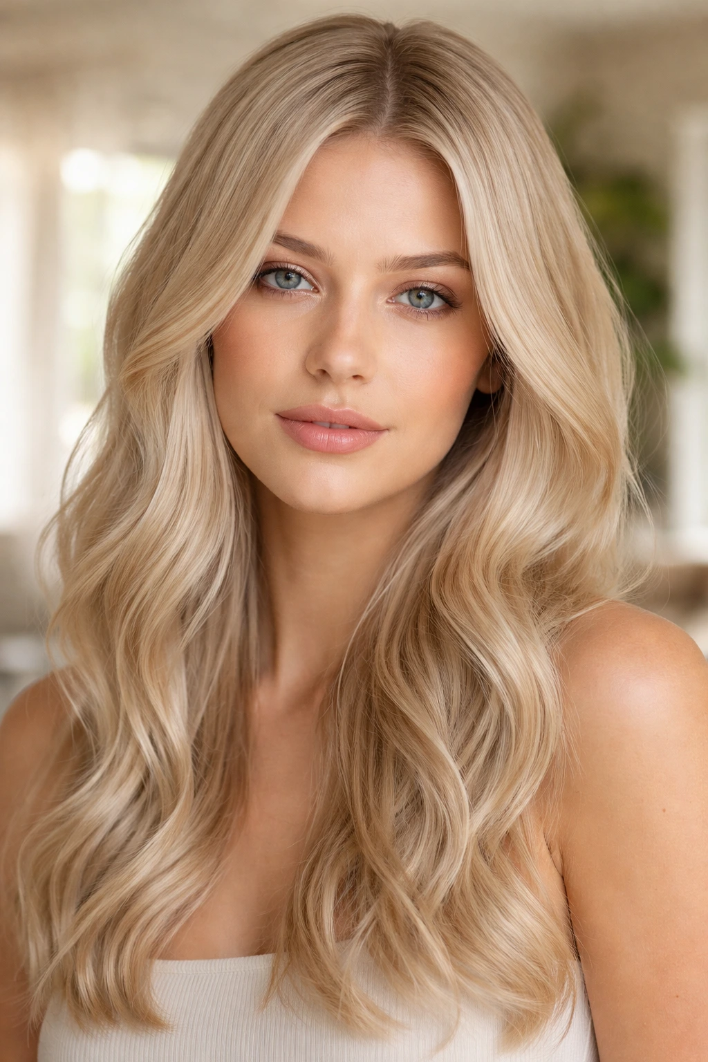 Close-up portrait with platinum hair tinted beige glaze for warmth